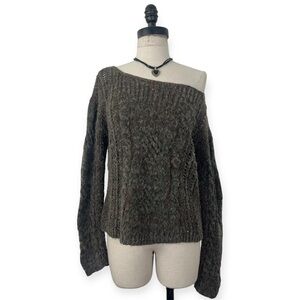 Free People Green and Brown Fuzzy Cable Knit Sweater Small